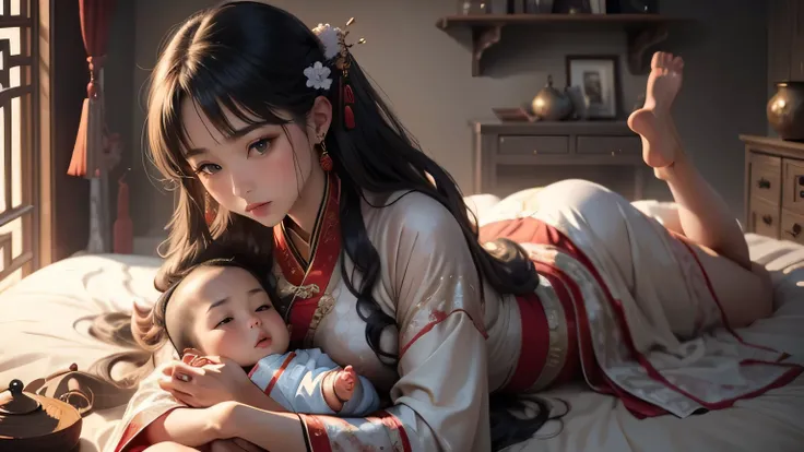 China，in the room，A beautiful woman holding a baby，Lying in bed，Hanfu