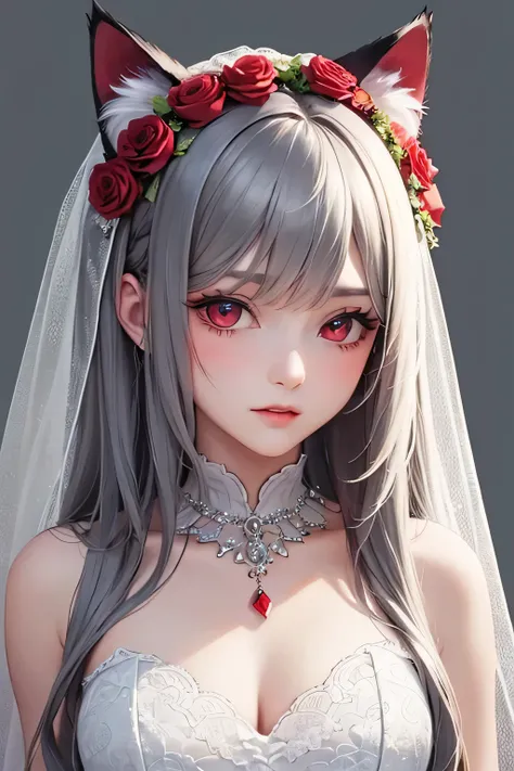 ((最high quality)), ((masterpiece)), (detailed), Perfect Face，Vampire，Cat ear，Gray Hair，Long Hair，Wedding dress，Red rose head dress，Red eyes，high quality，vampire