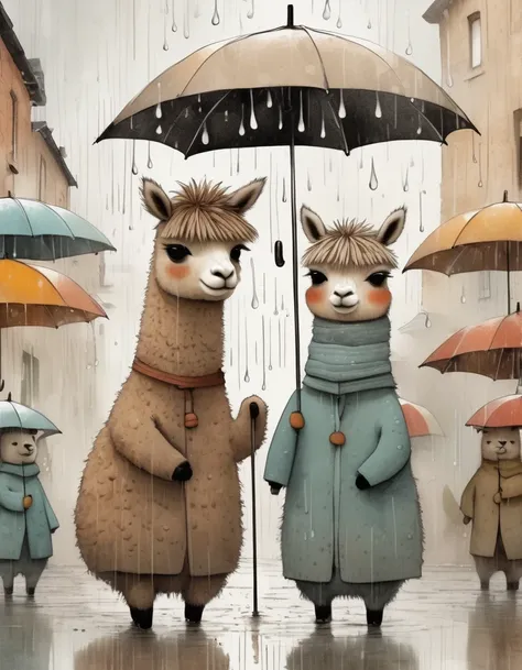 a alpacas under umbrellas, raindrops, modern sketches and dynamic line drawings of features, brown textures ， original style,cap...