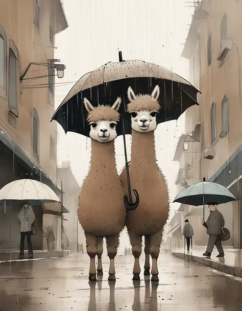 Captivating full-body caricature re-created in the style of jon Klassen and Sam Toft: alpacas under umbrellas, raindrops, modern sketches and dynamic line drawings of features, brown textures , original style