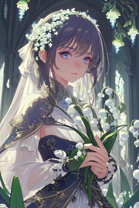 ((masterpiece, highest quality)), High resolution, 8k, Cinematic Light, High Contrast, Written boundary depth, Strong brilliance, Detailed Background, One Girl, cute, Fine grain, Eyes sparkling, Detailed Iris, (Lily of the valley motif)