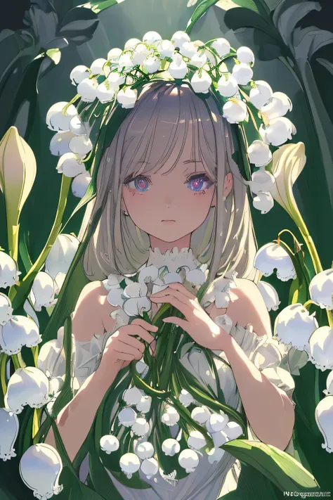 ((masterpiece, highest quality)), High resolution, 8k, Cinematic Light, High Contrast, Written boundary depth, Strong brilliance, Detailed Background, One Girl, cute, Fine grain, Eyes sparkling, Detailed Iris, (Lily of the valley motif)