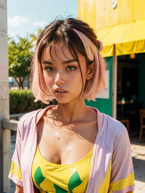 35 year old woman, blue eyes, extremely beautiful, masterpiece,((yellow-blue-pink)) mix multicolor hair, (((surprised face))), ((perfect expression green eyes)), very short hairstyle, bangs, green and purple hair colour, wearing pastel colorstyle cropped t...