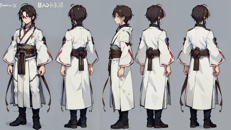 1 person, reference sheet, (Fantasy character design, Front, back, Side) Manly,  Broad shoulders, Tall, lean athletic build. white clothes, long and dark brown hair, neatly kept. flowing runic robes.Hanfu