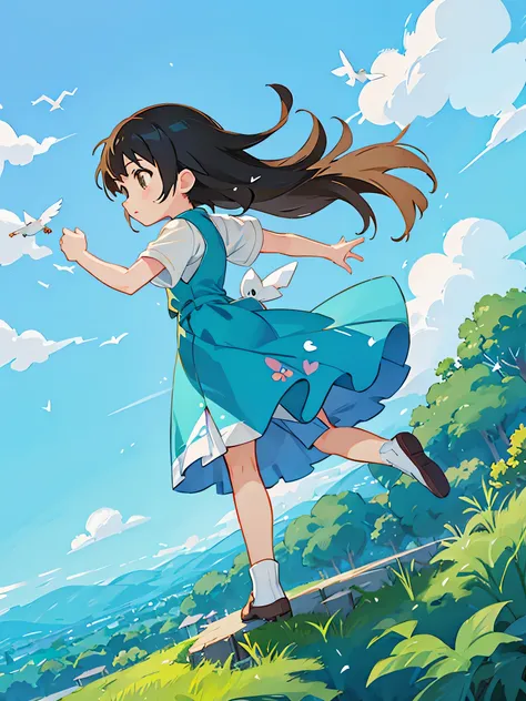 Makoto Shinkai style, Kawaii Design, most beautiful girl ever、Chibi, birdie、High walls