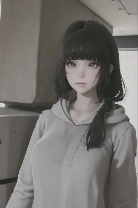 masterpiece, highly detailed, best quality, 1girl, solo, Luna, tucked black hair, red eyes, blunt bangs, hoodie, small breasts 