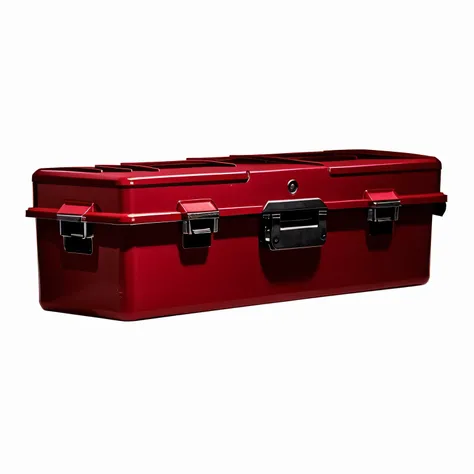 Close up of a red box with black handles on a white background, Moderate, Red mechanical body, 3 / 4 Views, 3/4 Views, heavy, full image, basic, horizontal, Panorama, full shot, black steel with red trim, detailed picture, password box, close-up photo, Thr...