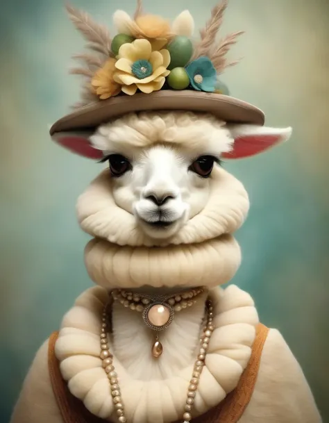 in style of Christian Schloe, beautiful details，（Cute alpaca fashion show）， Alpaca is anthropomorphized with makeup，whole body，Fashion trends for summer 2024，Khaki，milky，Charming Alpaca，Enchanting Alpaca，Walking on a catwalk，Dynamic poses，Cool，Cute big eye...