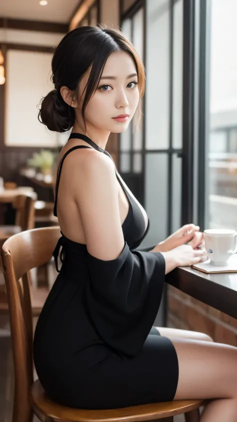 highest quality, masterpiece, 8K quality, Attention to detail, Photo Style, Detailed Background, A beautiful 27-year-old woman is wearing a black kimono., She is leaning back in a chair in a fashionable cafe, With a well-shaped bust, Defined waist, And bea...