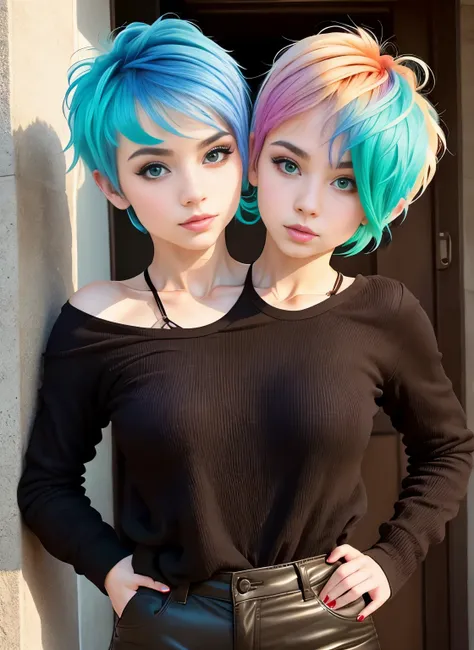 best resolution, 2 heads, white woman with two heads, four arms, different heads, sexy, different hair, pixie cut, rainbow hair, 21 years old, lesbians