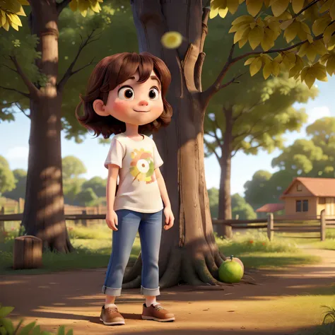 Fun short cartoon girl, rosy cheeks and bright, White T-shirt and、Slacks、In jeans fabric、Wear loose clothing and place your feet shoulder-width apart、Standing comfortably。I&#39;m wearing brown pumps with barely any heel.。The resulting curious eyes, With lu...