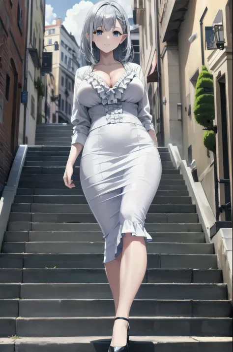 masterpiece, best quality, beta, silver hair, white shirt, frills, pencil skirt, cleavage, large breasts, walking, stairs, city street, clouds, sky, looking at viewer, smile,blue eyes
