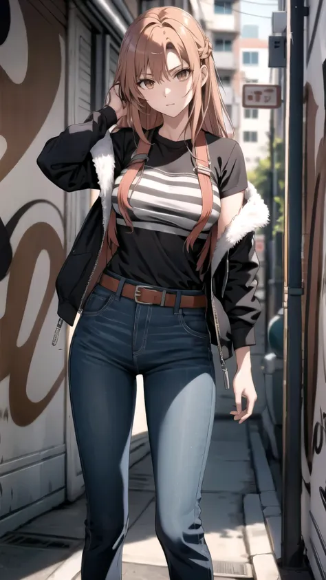 asuna. atractiva mujer., cabello naranja, ojos avellana, pechos grandes Chaqueta pop extragrande, Camiseta mini debajo del pecho, ombligo abierto, cintura delgada, Pantalones vaqueros de mezclilla, With buckled belt, In the graffiti alley, manos perfectas ...