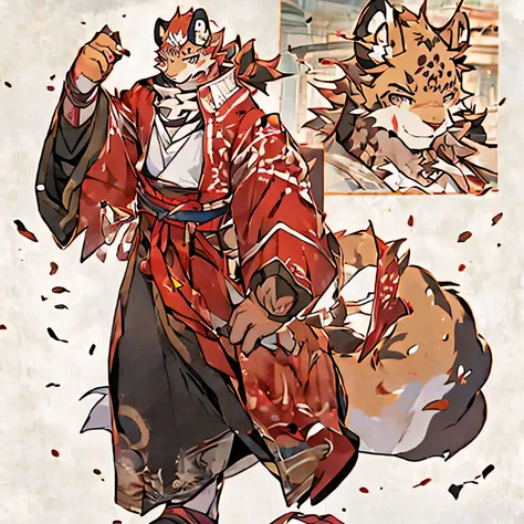 antiquity,Red Hanfu,Laugh heartily,4k, Practical, High Detail, Super detailed, Leopard,juvenile,Golden fur,Prince,Walking in the bustling market,Sugar gourd in hand。