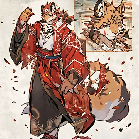 antiquity，Red Hanfu，Laugh heartily，4k, Practical, High Detail, Super detailed, Leopard，juvenile，Golden fur，Prince，Walking in the bustling market，Sugar gourd in hand。