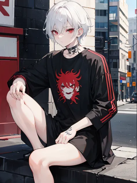 1boy, short white hair, Red eyes, wearing black casual street clothes, city, high res, ultrasharp,8k, masterpiece, looking at viewer, handsome, tattoo, high def hair , high def eyes, older look, sitting, hair slightly over eyes, emo, slightly messy hair,