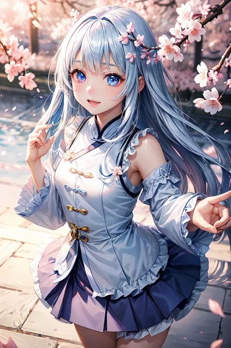 1 girl、bluish-silver hair、(Heterochromatic droopy iris,Shineing eyes:1.4)、、10 years old、Big smile、thin、blurred background、Shine、Shine髪、(spring、cherry blossom petals dancing in the wind、From above、There&#39;The Girl Behind the Cherry Blossoms:1.3),Ambient O...