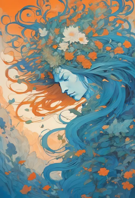 Quentin Blake style photo、Beautiful cute frontal portrait of an elven god, Moving long hair, Herbs and blue pastel colors, Flower Orange by Victor Ngai, Kilian Eng, Dynamic Lighting, Digital art, art：James Jean, Takato Yamamoto, Inkpunk Minimalism, Floatin...