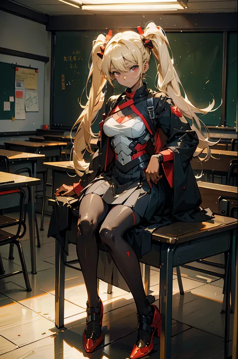 (masterpiece:1.2, best quality), 1lady, solo, , classroom, day, sit, blonde, twintails, red eyes, open collabone, darkskin, (open breasts:1.1), anime style, (adult sister), (cool sister), 