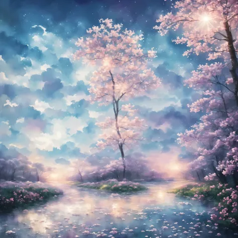 (highest quality, Master Parts:1.2), Soft Focus, Bright gradient watercolor, dreamer, White Background, Melancholy field of roses, realistic space sky, Artistic, Sashikoderic, Magical incandescent cosmic rain, tree of life, Mystic Tower