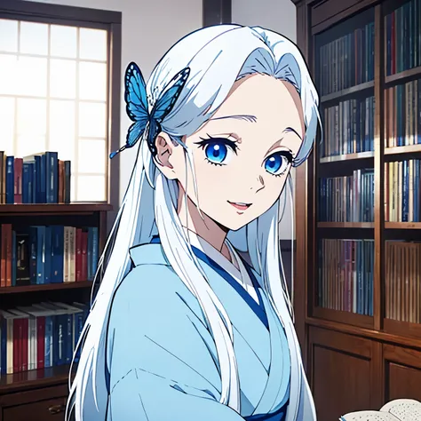 (1 girl with White long straight hair and blue eyes), kimono, smily eyes, room, face focus, (opened mouth), half-up, half-down hairstyle, one hair pin, one blue butterfly hair pin, japanese animation color style, vivid colors, from front, front view, study...