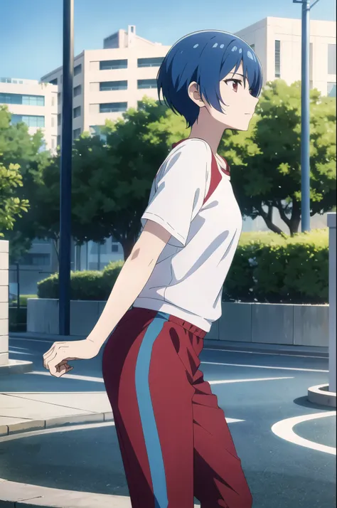 masterpiece, best quality, , 24 year old woman, solo, look aside , blue hair, short cut, red eyes, jogging