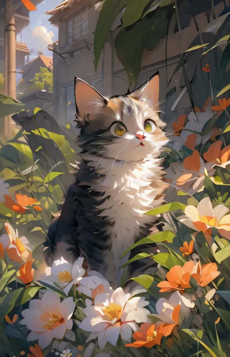 ((highest quality)), ((masterpiece)), (Get used to it),  Cat , Lots of flowers in the background , 