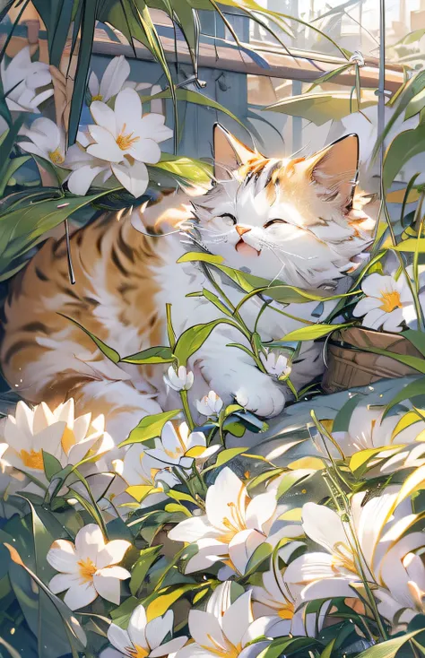 ((highest quality)), ((masterpiece)), (Get used to it),  Cat , Lots of flowers in the background , Are sleeping ,