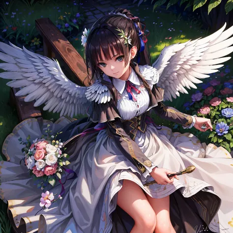 (masterpiece, highest quality, High resolution: 1.4), detailed, intricate detaileds, Beautiful girls, Angel big wings, Flower Hair Ornaments, Overhead glow, Light, garden, kind, Misha, glitter, bouquet, 4K, color splash, line art, art, Fibonacci,