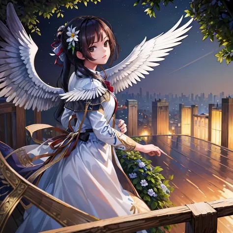 (masterpiece, highest quality, High resolution: 1.4), detailed, intricate detaileds, Beautiful girls, Angel big wings, Flower Hair Ornaments, Overhead glow, Light, garden, kind, Misha, glitter, bouquet, 4K, color splash, line art, art, Fibonacci,