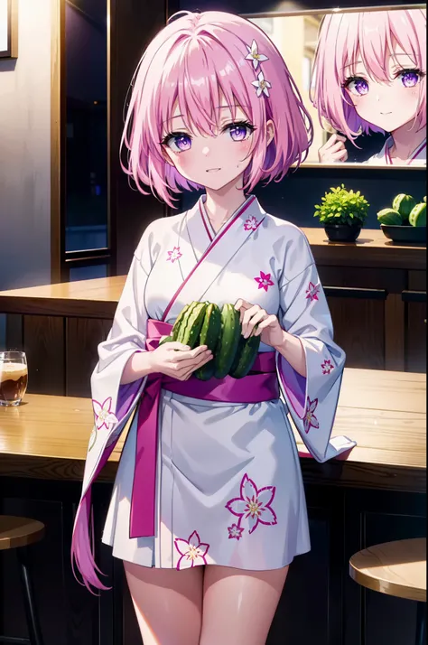 Momodeviluke, Deviluke type, demon tail, Hair Flowers, hair ornaments, (Purple eyes:1.1), Pink Hair, short hair, tail, smile,
break demon tail, Long Hair,happy smile, smile, Open your mouth,blush,Idol-style white kimono,long furisode,White mini cucumber,Wh...