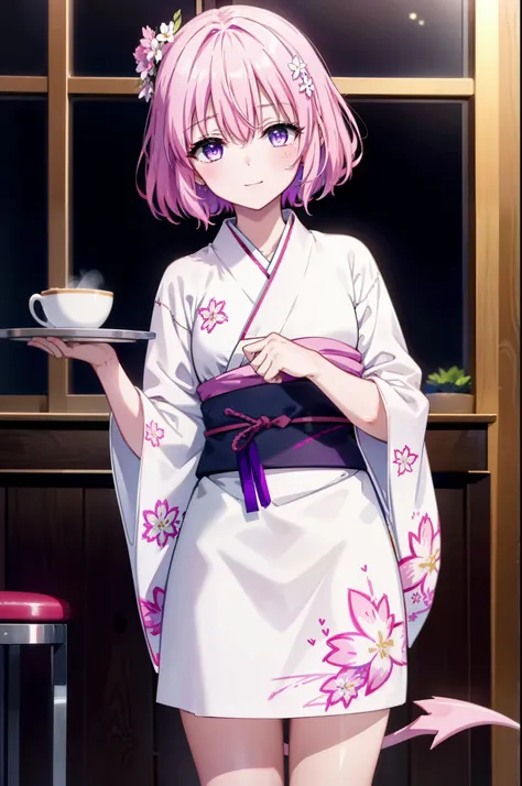 Momodeviluke, Deviluke type, demon tail, Hair Flowers, hair ornaments, (Purple eyes:1.1), Pink Hair, short hair, tail, smile,
break demon tail, Long Hair,happy smile, smile, Open your mouth,blush,Idol-style white kimono,long furisode,White mini cucumber,Wh...