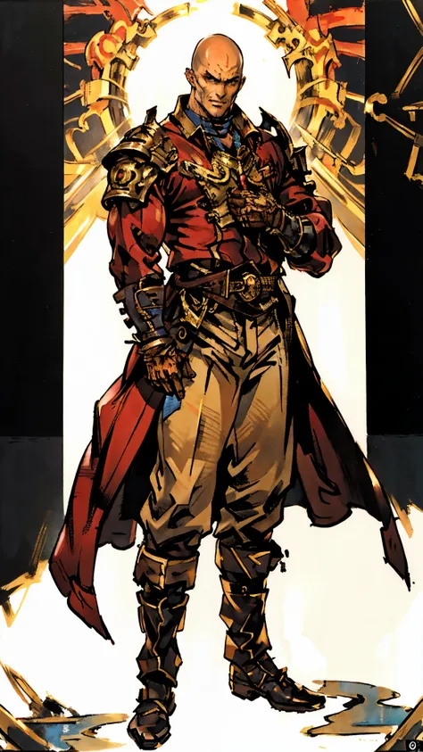 A bald man, ((red tattoos on his head and face)), wise gaze, charismatic features, sturdy yet slender figure, a fantasy-style tight-fitting long coat, adorned with luxurious golden decorations on the collar and shoulders and waist, matching loose trousers,...