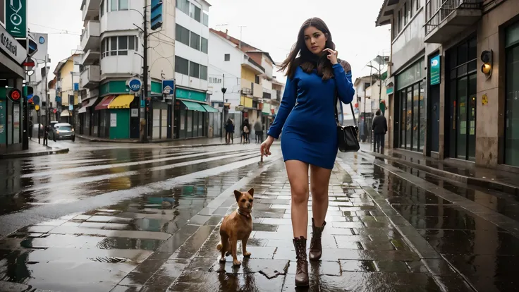 mulher esguia, loira, porcelain skin de vestido muito curto preto, vestido justo, vestido decotado, pernas bonitas, thin thighs and high boots walking on the wet sidewalk, ruas molhadas,  Linda parada na chuva, standing na chuva, Dasha Taran, na chuva, em ...