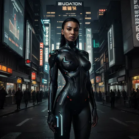 "(best quality,highres,masterpiece:1.2),ultra-detailed,(realistic,photorealistic,photo-realistic:1.37),cyborg,black,with intricate design,advanced,impressive,in a smart city at night,neon lights,technological atmosphere,cyberpunk vibes,futuristic architect...