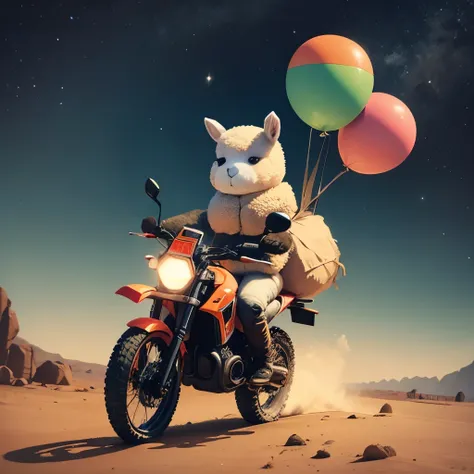 an alpaca-shaped pinata, driving a motorcycle on mars