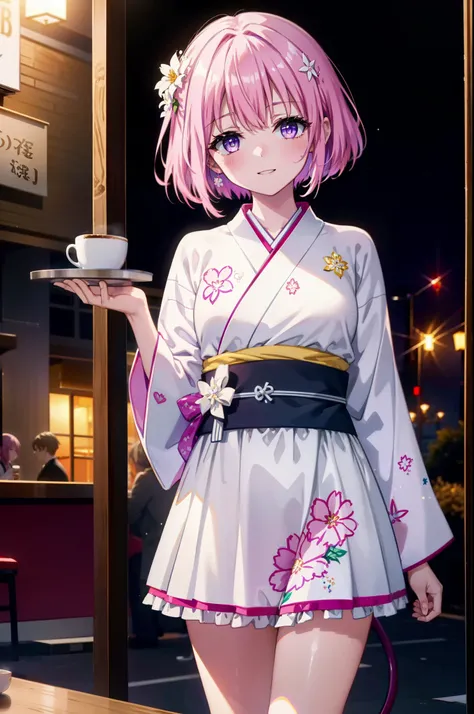 Momodeviluke, Deviluke type, demon tail, Hair Flowers, hair ornaments, (Purple eyes:1.1), Pink Hair, short hair, tail, smile,
break demon tail, Long Hair,happy smile, smile, Open your mouth,blush,Idol-style white kimono,long furisode,White Mini Skirt,White...
