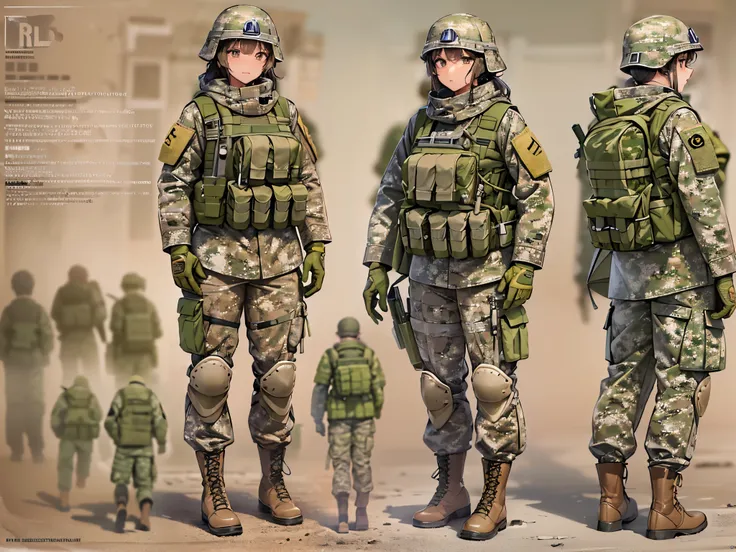 ((highest quality)),(Ultra-high resolution),(Very detailed),(Detailed Description),((The best CG)),(A masterpiece),Ultra-precise art,amazing drawing art,(Art with precise detail:1.5), (Female Soldier:1.5),(Khaki camouflage combat suit:1.6),Critical situati...