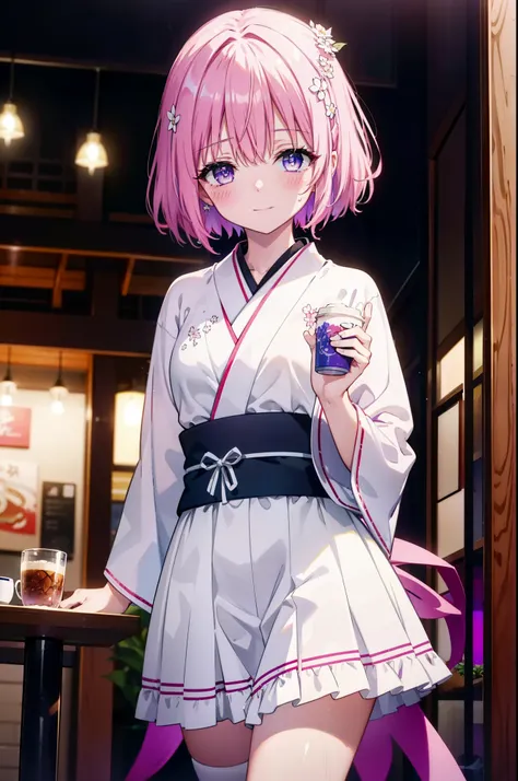 Momodeviluke, Deviluke type, demon tail, Hair Flowers, hair ornaments, (Purple eyes:1.1), Pink Hair, short hair, tail, smile,
break demon tail, Long Hair,happy smile, smile, Open your mouth,blush,Idol-style white kimono,long furisode,White Mini Skirt,White...