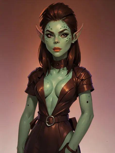 one githyanki girl, githyanki, (green skin pointy ears, long ears:1.3), solo, abs, slender body, (upper body, bust:1.2), black e...