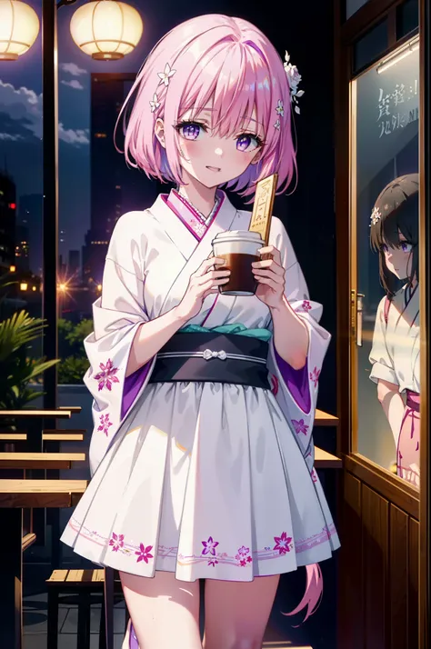 Momodeviluke, Deviluke type, demon tail, Hair Flowers, hair ornaments, (Purple eyes:1.1), Pink Hair, short hair, tail, smile,
break demon tail, Long Hair,happy smile, smile, Open your mouth,blush,Idol-style white kimono,long furisode,White Mini Skirt,White...