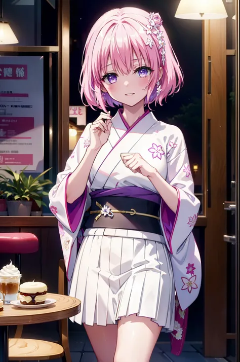 Momodeviluke, Deviluke type, demon tail, Hair Flowers, hair ornaments, (Purple eyes:1.1), Pink Hair, short hair, tail, smile,
break demon tail, Long Hair,happy smile, smile, Open your mouth,blush,Idol-style white kimono,long furisode,White Mini Skirt,White...