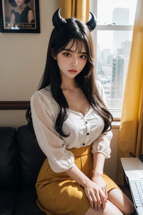 Araped woman wearing multi-colored blouse with long black hair, mustard colored skirt, Cerveza Soft Devil Queen Madison, Violet Myers, curtain bangs, No makeup, wavy hair, Madison Beer, without makeup, 중앙에서 분리된 curtain bangs, Profile picture, Use Instagram...