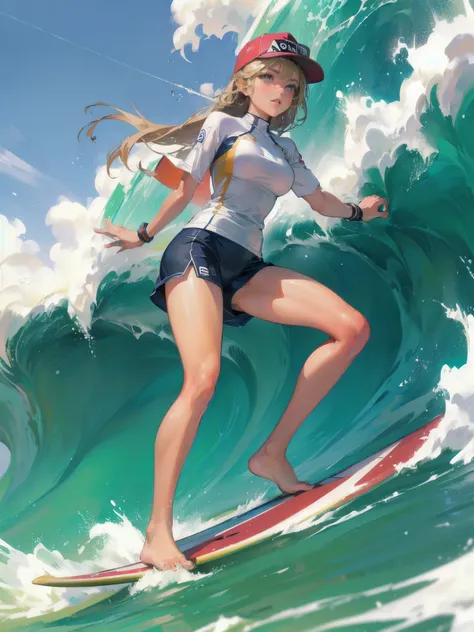 high quality,HD,16k,sharp lines,1 girl,Female surfing athlete ,cute face, large breasts, nice legs,At the surfing venue,focus girl,detailed beautiful face,detailed clothes,beautiful eyes,cool,dynamic angle