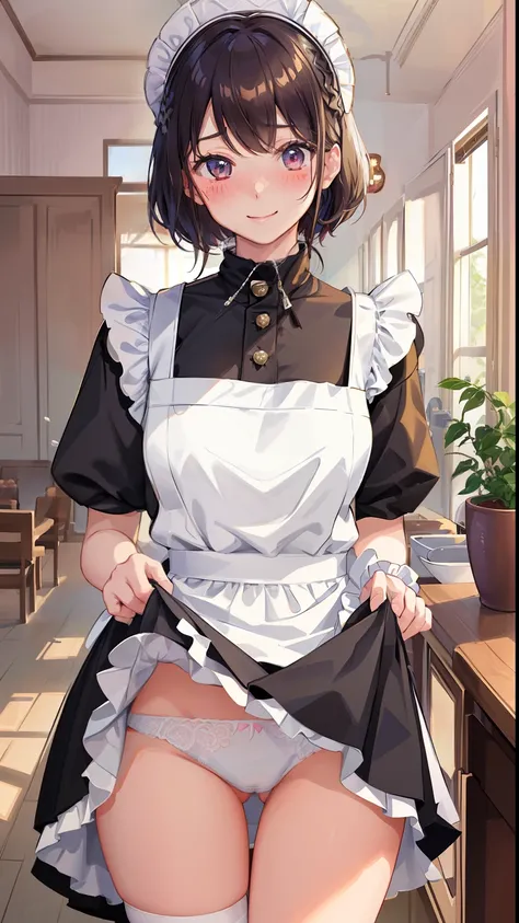 highest quality、masterpiece、((1 girl))、((smile))、(blush:1.3)、Black Shirt、blouse、((fun!!))、(Small breasts)、(single braid)、()、()、((White apron:1.5))、((Maid))、((hair ornaments)),、Kamimei、look at me、 ((in house:1.5))、 Taking a break from watching the audience、...