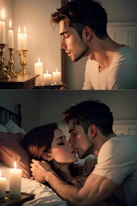 Boy and woman, beautiful woman, kissing each other with passion, in a bedroom, bright room, candles lit, night time,