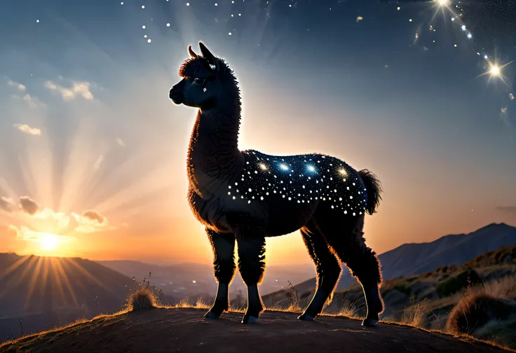 high details, best quality, 16k, [ultra detailed], masterpiece, best quality, a picture of an alpaca standing on a hilltop at su...