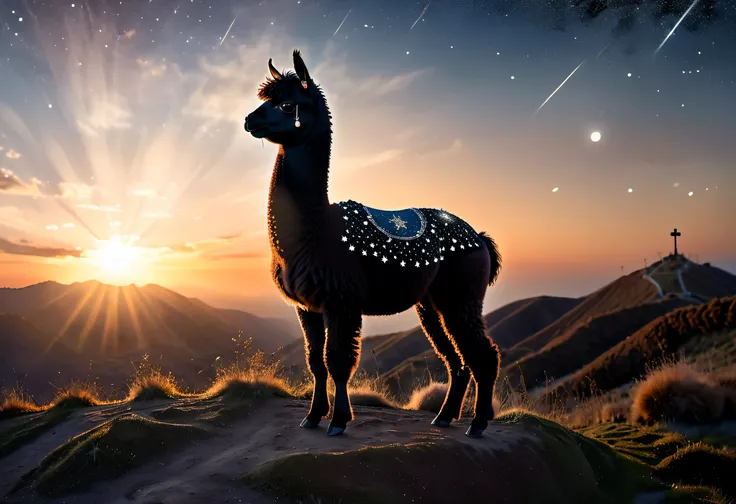 high details, best quality, 16k, [ultra detailed], masterpiece, best quality, a picture of an alpaca standing on a hilltop at su...