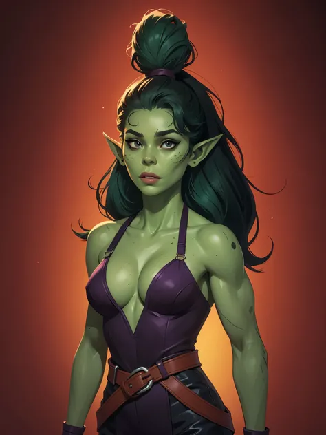 one githyanki girl, githyanki, (green skin, pointy ears, long ears:1.5), solo, (slender body:1.2), (muscular, upper body, bust:1.2), black eyes, black hair, (revealing outfit, tiny breasts, small breasts, male chest, cleavage, exposed body:1.5), bare shoul...