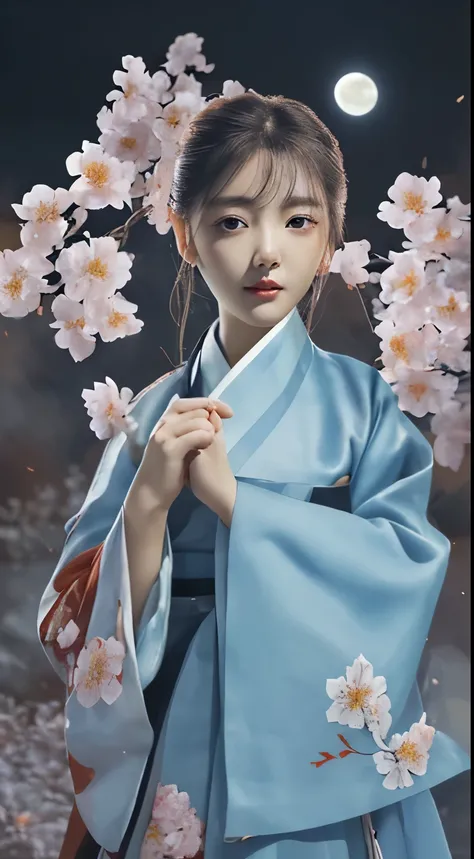 best quality, cry、High_solve, clearly_image, Detailed background ,girl, Hanbok,flower,flower园,moon, night,